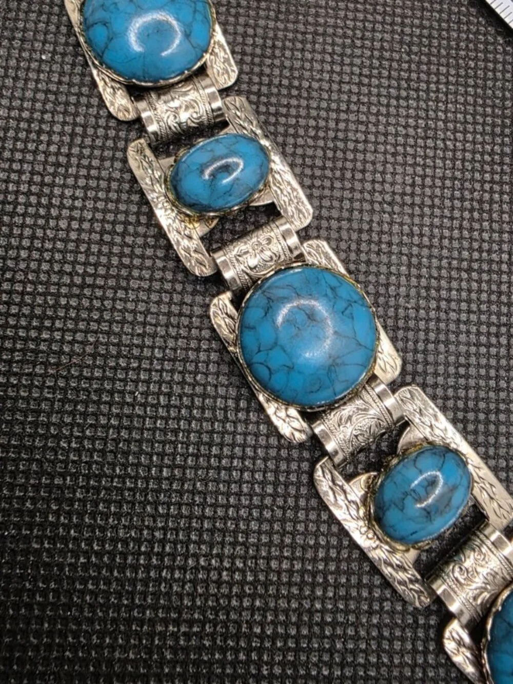 Vintage Silver Tone Faux Turquoise Panel Link Bracelet 7